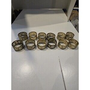 Vtg Kemp & Beatley 12 Napkin Rings Gold Tone Metal Filigree 1980's Table Setting